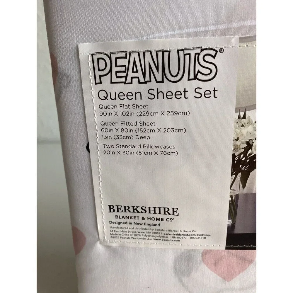 4 Pc Peanuts Snoopy Pink Hearts Valentines Day QUEEN Size Sheet Set Soft‎ NEW